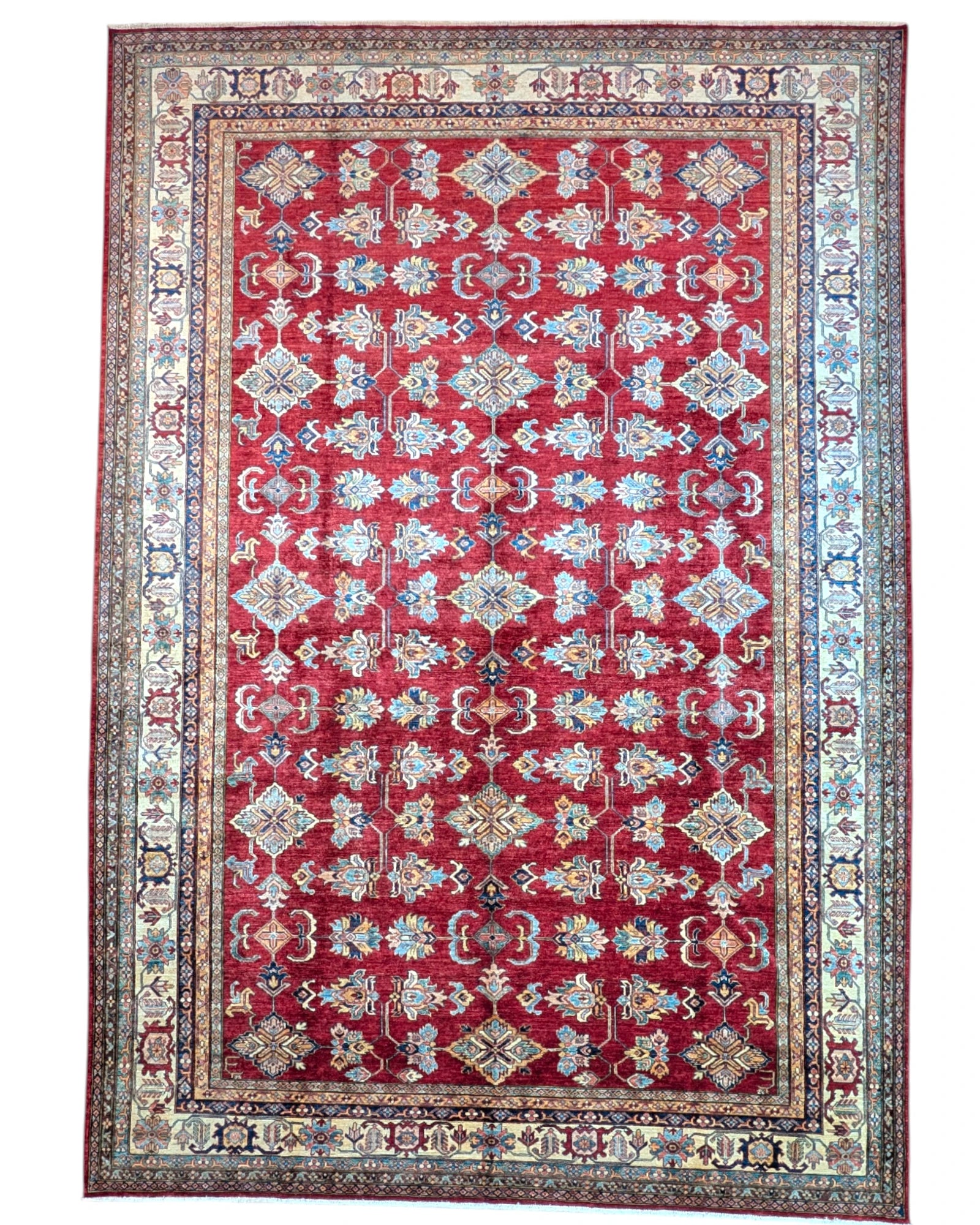 Tappeto Kazak 445x307 cm afghano, annodato a mano, con fondo rosso e motivi geometrici in azzurro, avorio e oro.