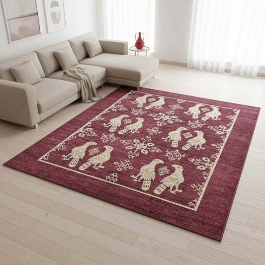 Tappeto moderno "Pavial all'Altare", 340x250 cm, disegno ispirato a un tessuto antico, rosso melograno, motivi decorativi, certificato di autenticità incluso.