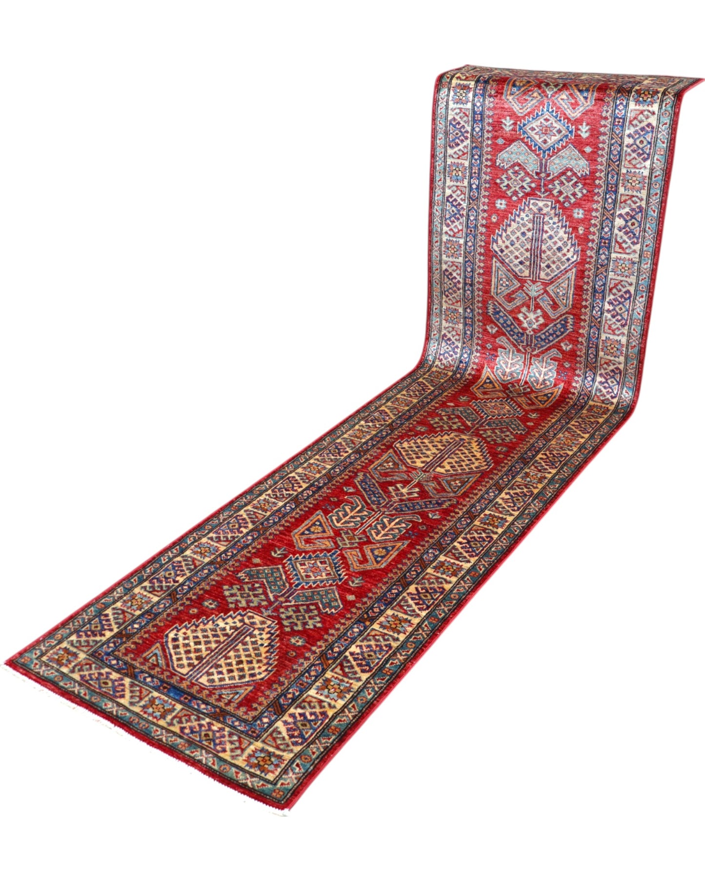 Corsia Kazak afgana, rosso e beige, annodato a mano, 296x77 cm.
