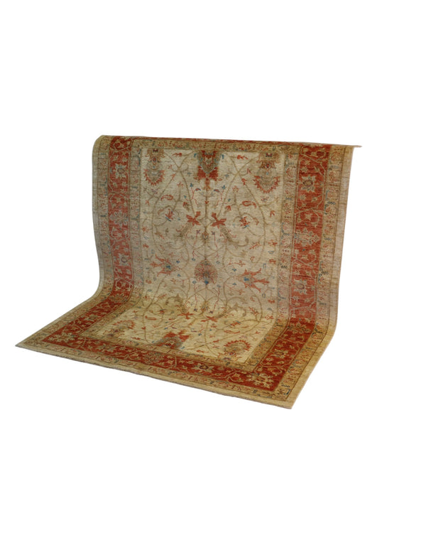 Tappeto Ziegler Farahan 191x153cm annodato a mano con campo beige e bordura rosso mattone decorata da motivi floreali.