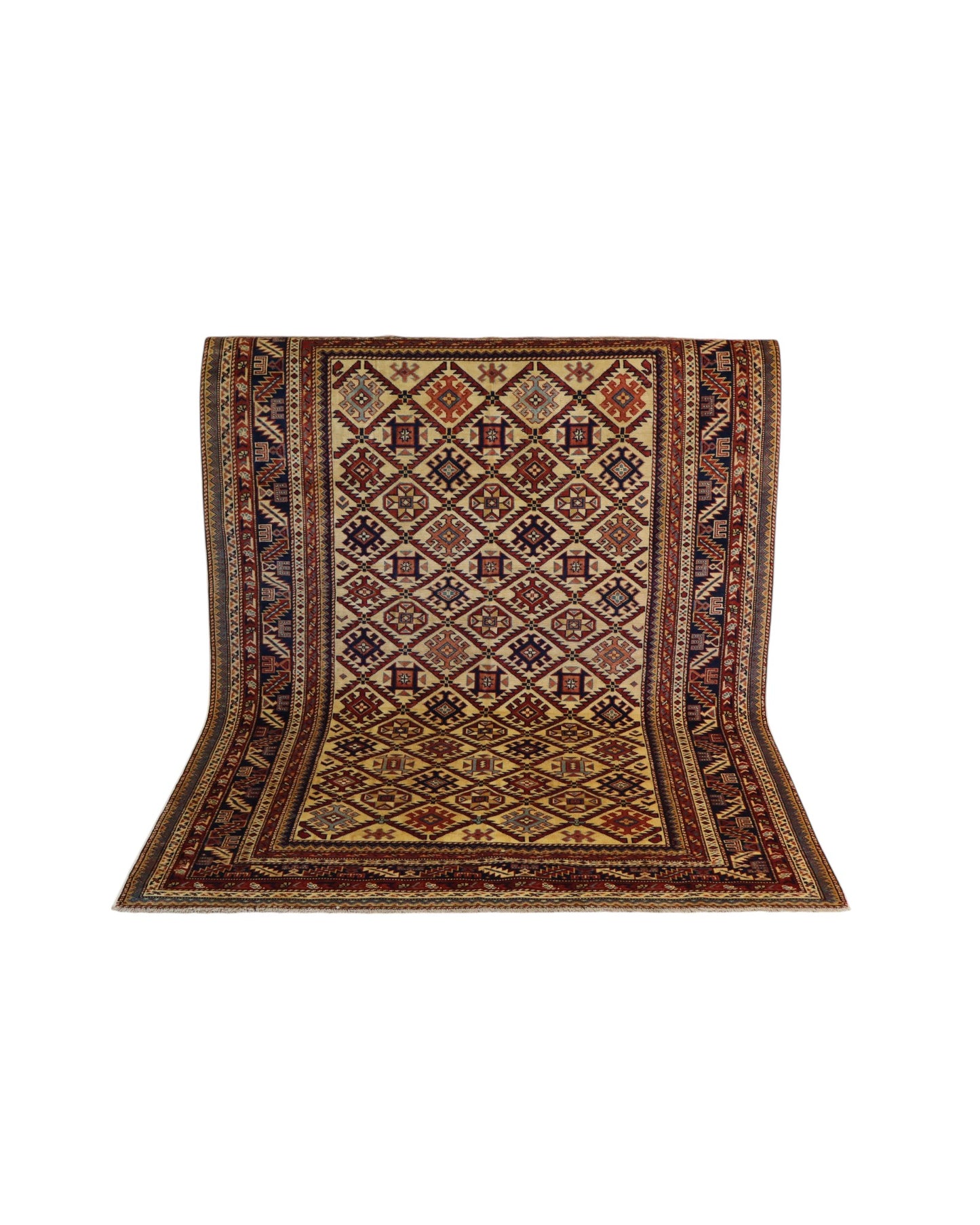 Tappeto Shirvan 198x146 cm, annodato a mano, lana e colori vegetali, motivi geometrici a rombi, artigianato caucasico.