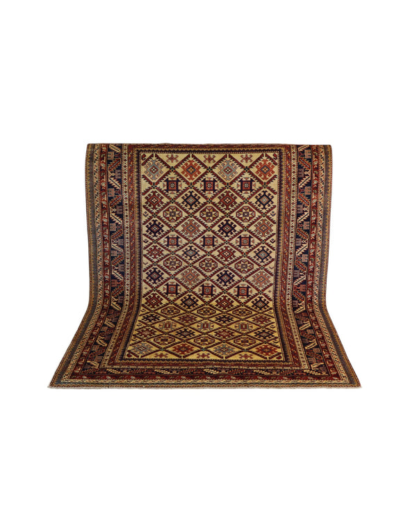 Tappeto Shirvan 198x146 cm, annodato a mano, lana e colori vegetali, motivi geometrici a rombi, artigianato caucasico.