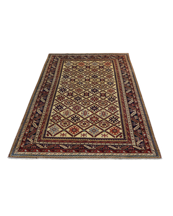 Tappeto Shirvan 198x146 cm, annodato a mano, lana e colori vegetali, motivi geometrici a rombi, artigianato caucasico.