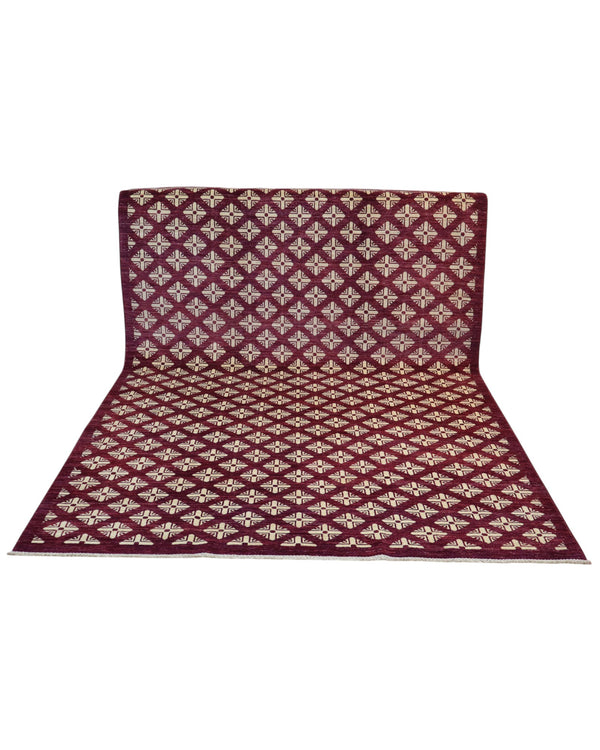 Tappeto moderno 295x199 cm Persia con motivi geometrici a rombi avorio su fondo bordeaux, annodato a mano in lana naturale.