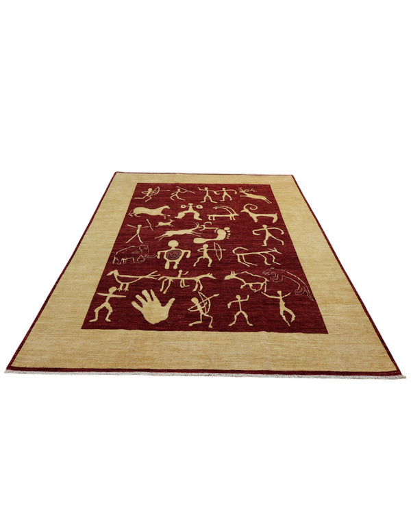 Tappeto moderno “Eco di Civiltà Antiche” di Darios (300x196 cm), annodato a mano. Campo bordeaux con simboli stilizzati color crema, bordura beige, lana tinta vegetale. Certificato incluso.