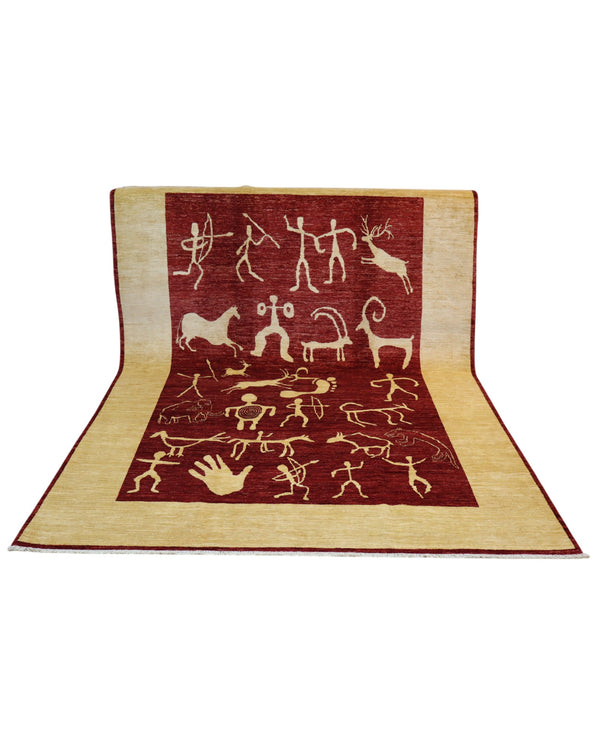 Tappeto moderno “Eco di Civiltà Antiche” di Darios (300x196 cm), annodato a mano. Campo bordeaux con simboli stilizzati color crema, bordura beige, lana tinta vegetale. Certificato incluso.