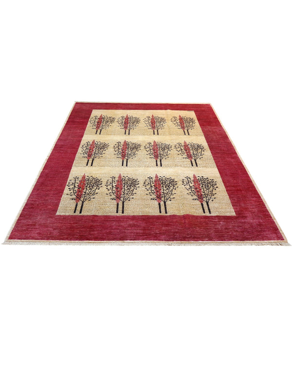 Tappeto moderno “Bosco di Darios” 290x200 cm, annodato a mano, con griglia di alberi stilizzati su campo beige e bordura color buccia di cipolla, lana tinta vegetale, pezzo unico certificato.