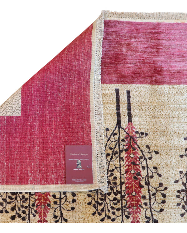 Tappeto moderno “Bosco di Darios” 290x200 cm, annodato a mano, con griglia di alberi stilizzati su campo beige e bordura color buccia di cipolla, lana tinta vegetale, pezzo unico certificato.