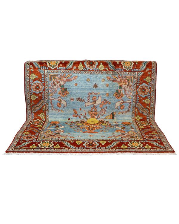 Tappeto Heriz 225x210 cm con motivo tradizionale persiano floreale, dominato da colori blu, rosso e arancio, annodato a mano con lana di alta qualità e ordito in cotone resistente.