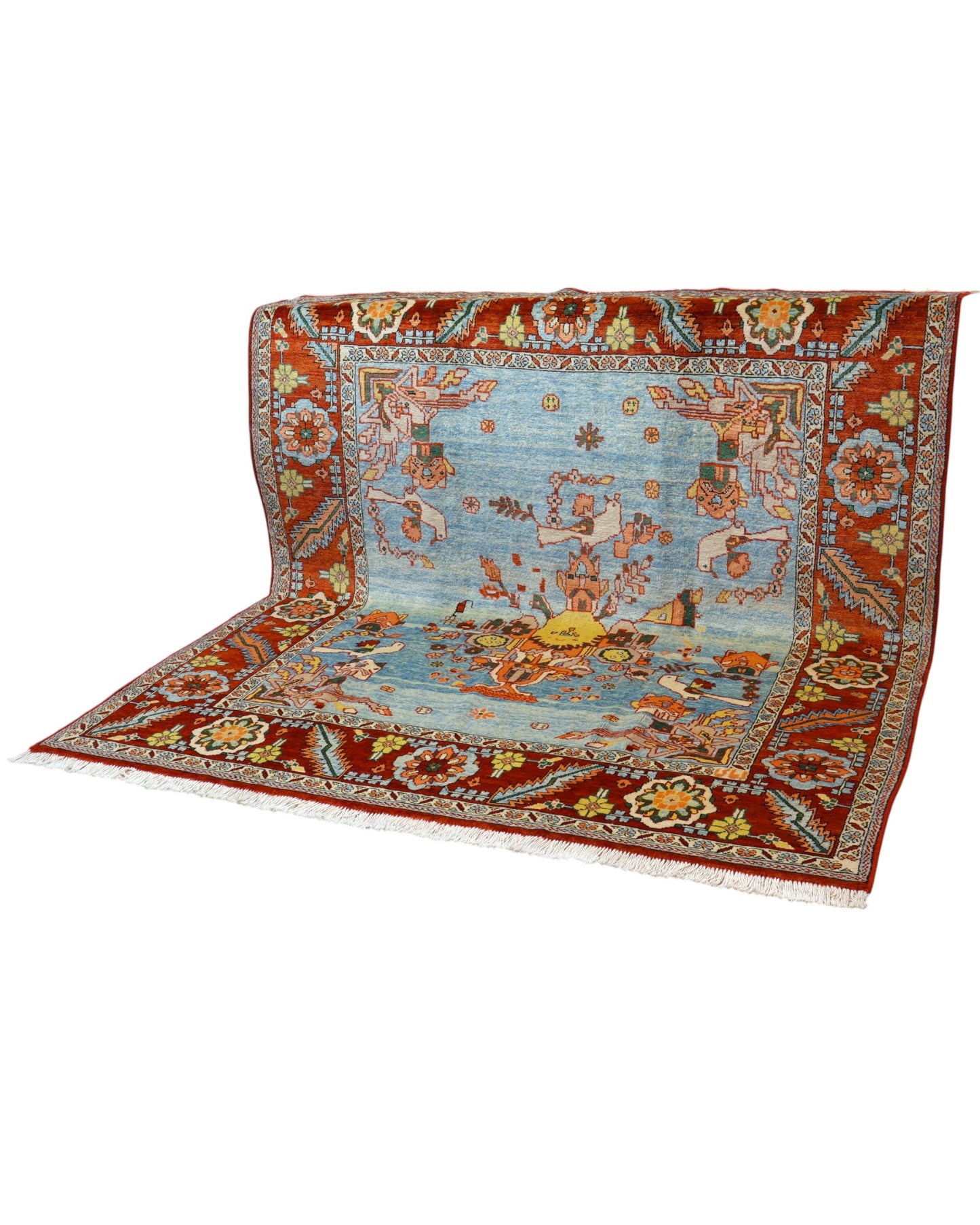 Tappeto Heriz 225x210 cm con motivo tradizionale persiano floreale, dominato da colori blu, rosso e arancio, annodato a mano con lana di alta qualità e ordito in cotone resistente.