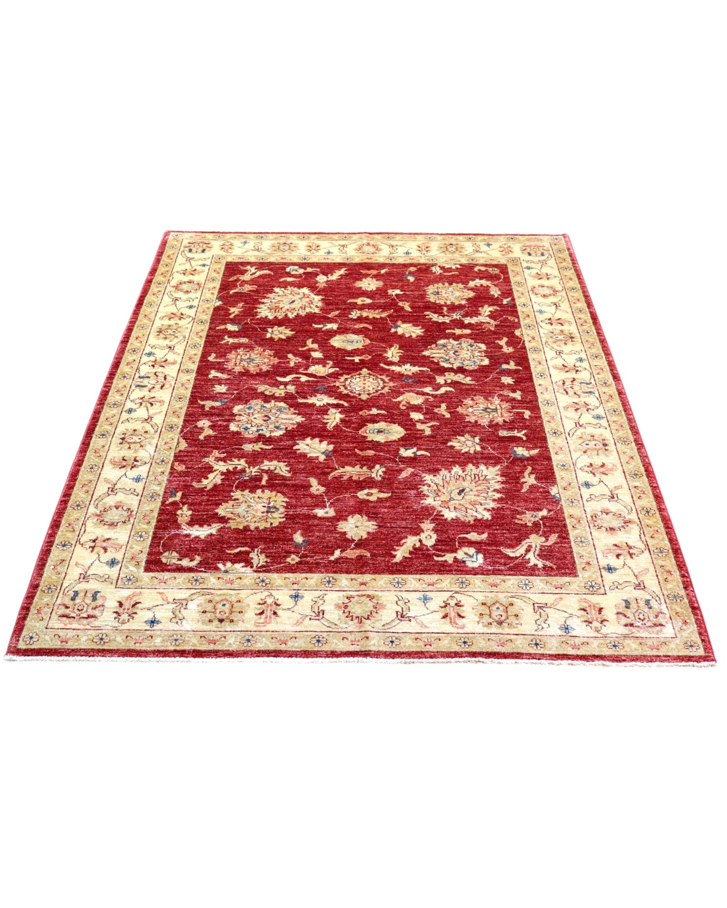 Tappeto Ziegler Farahan 195x155 cm, annodato a mano in Afghanistan, campo rosso melograno con motivi floreali e cornice beige, lana tinta vegetale, certificato di autenticità incluso.