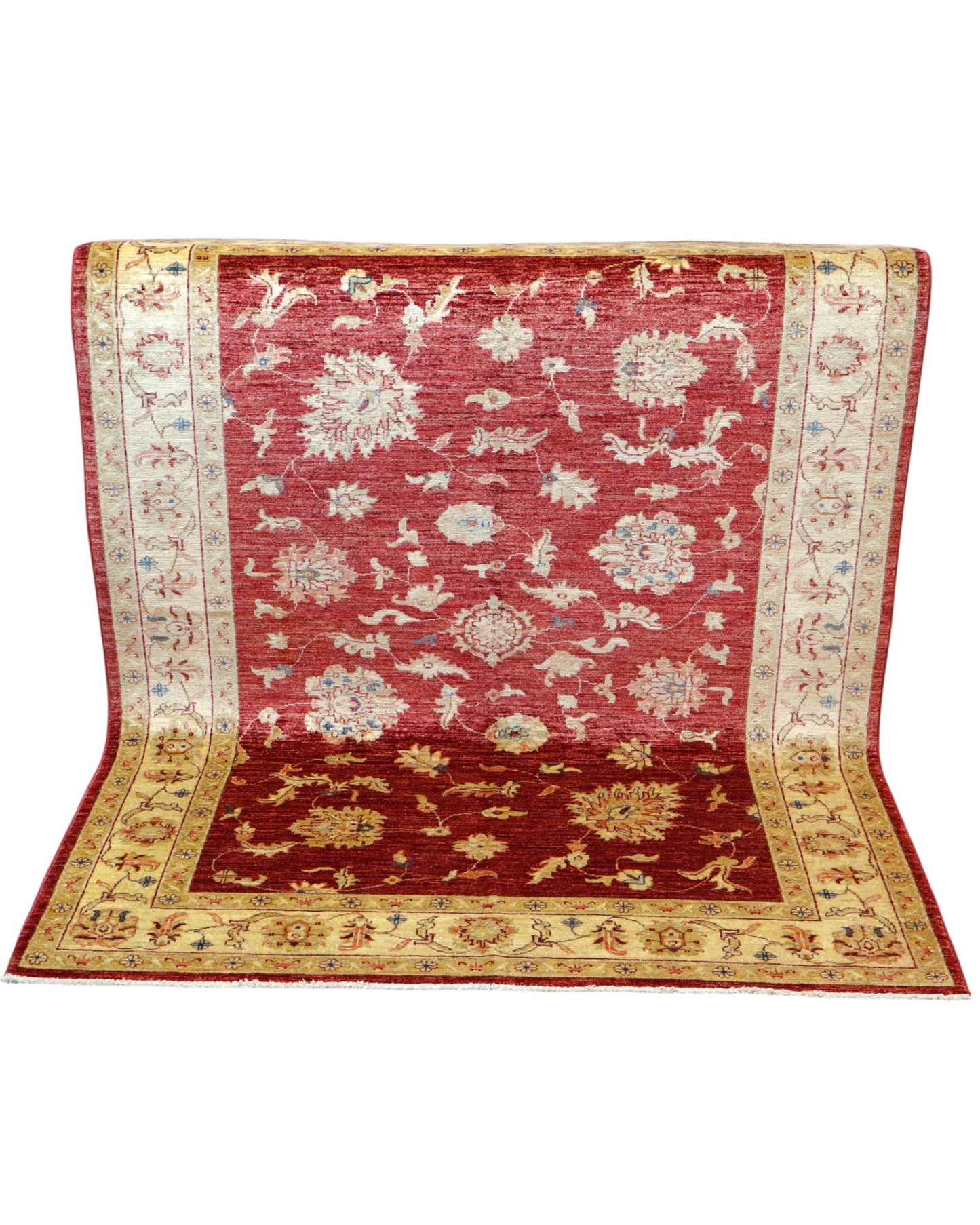Tappeto Ziegler Farahan 195x155 cm, annodato a mano in Afghanistan, campo rosso melograno con motivi floreali e cornice beige, lana tinta vegetale, certificato di autenticità incluso.