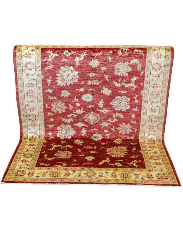 Tappeto Ziegler Farahan 195x155 cm, annodato a mano in Afghanistan, campo rosso melograno con motivi floreali e cornice beige, lana tinta vegetale, certificato di autenticità incluso.