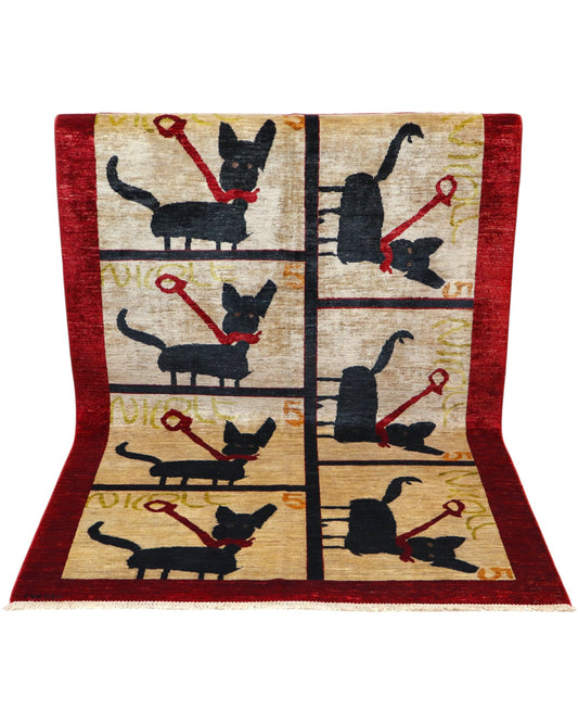 Tappeto moderno 199x135 cm, disegno originale "Gatto di Nicole", motivi a gatto nero, cornice rossa, artigianato tradizionale.