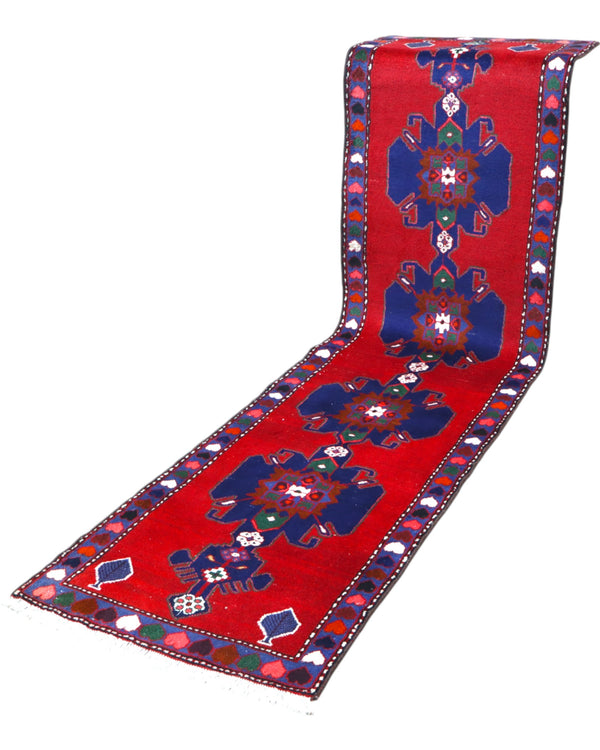 Corsia Hamedan persiana, fondo blu con disegno geometrico, annodato a mano, 284x76 cm.