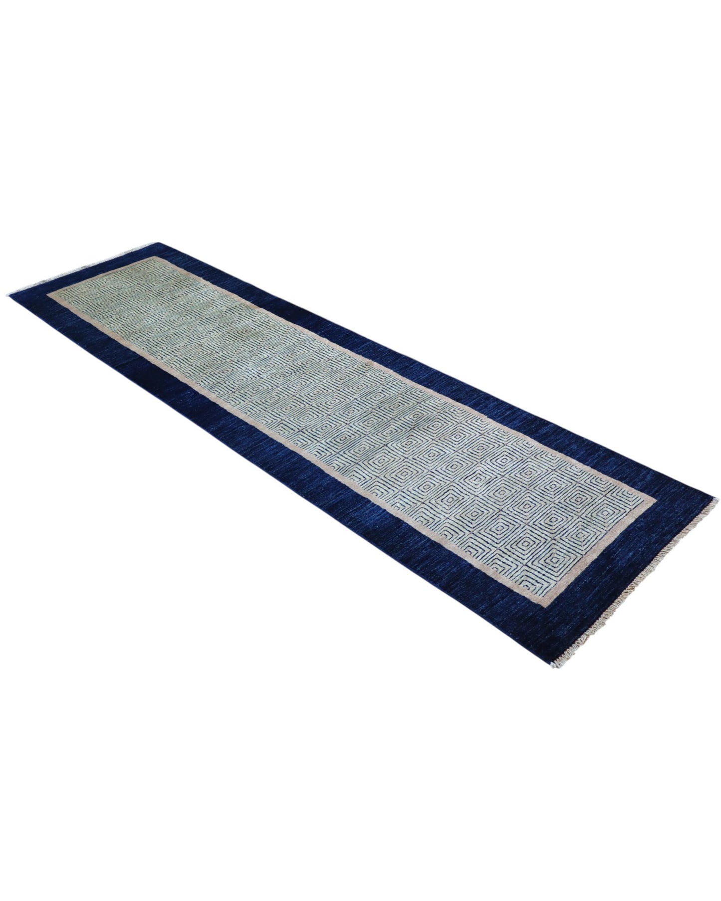 Tappeto moderno 232x81 cm annodato a mano in Persia, lana pregiata e colori vegetali, design minimal beige e blu.