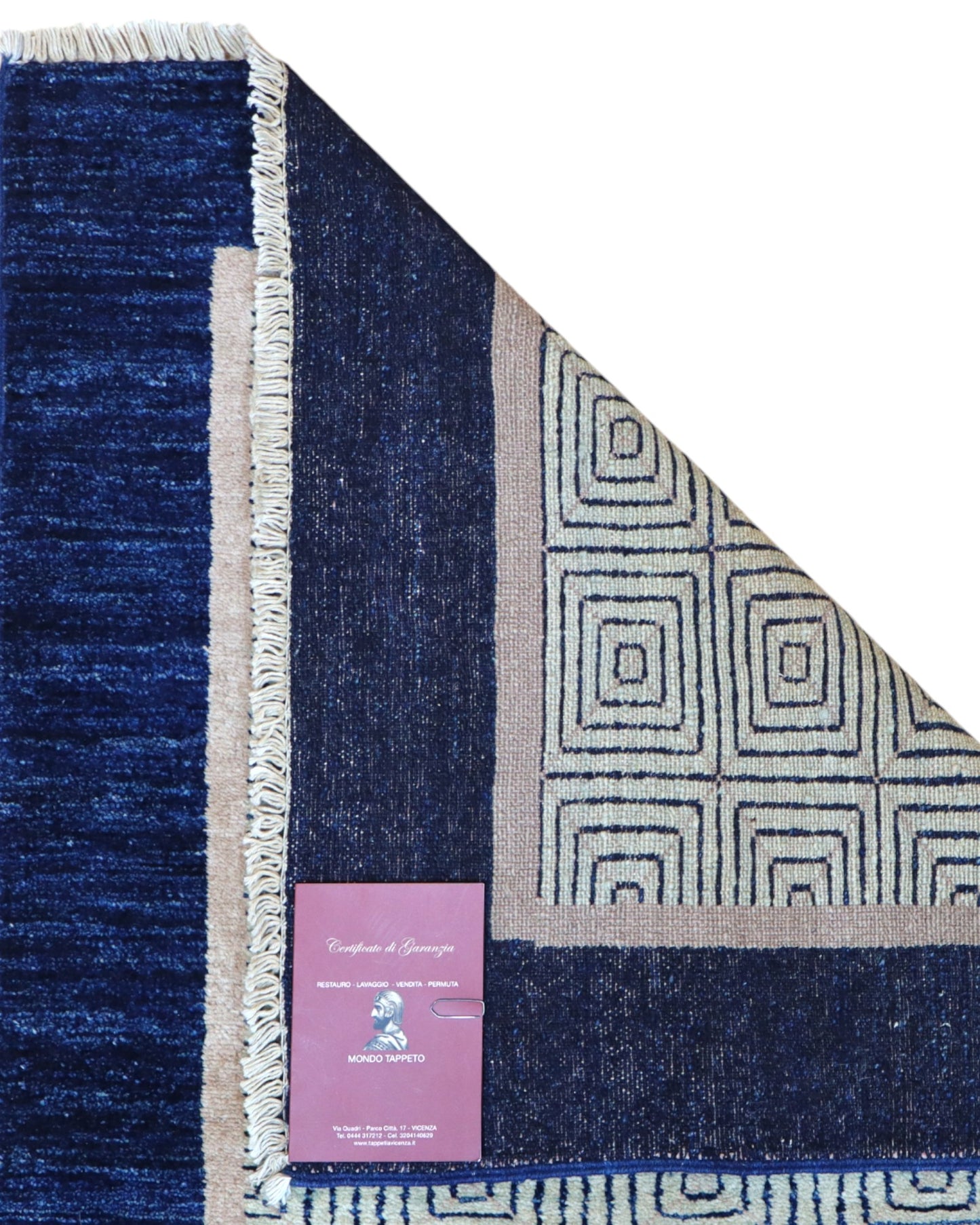 Tappeto moderno 232x81 cm annodato a mano in Persia, lana pregiata e colori vegetali, design minimal beige e blu.