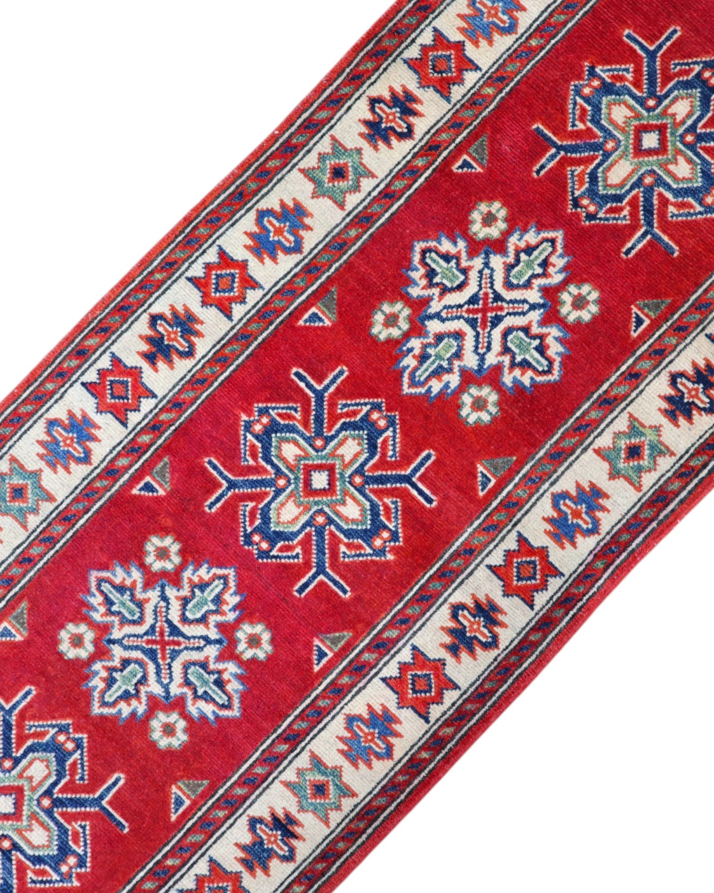 Passatoia Kazak annodata a mano (297x61 cm) in lana, con sfondo rosso melograno e bordo beige, con motivi geometrici afgani.