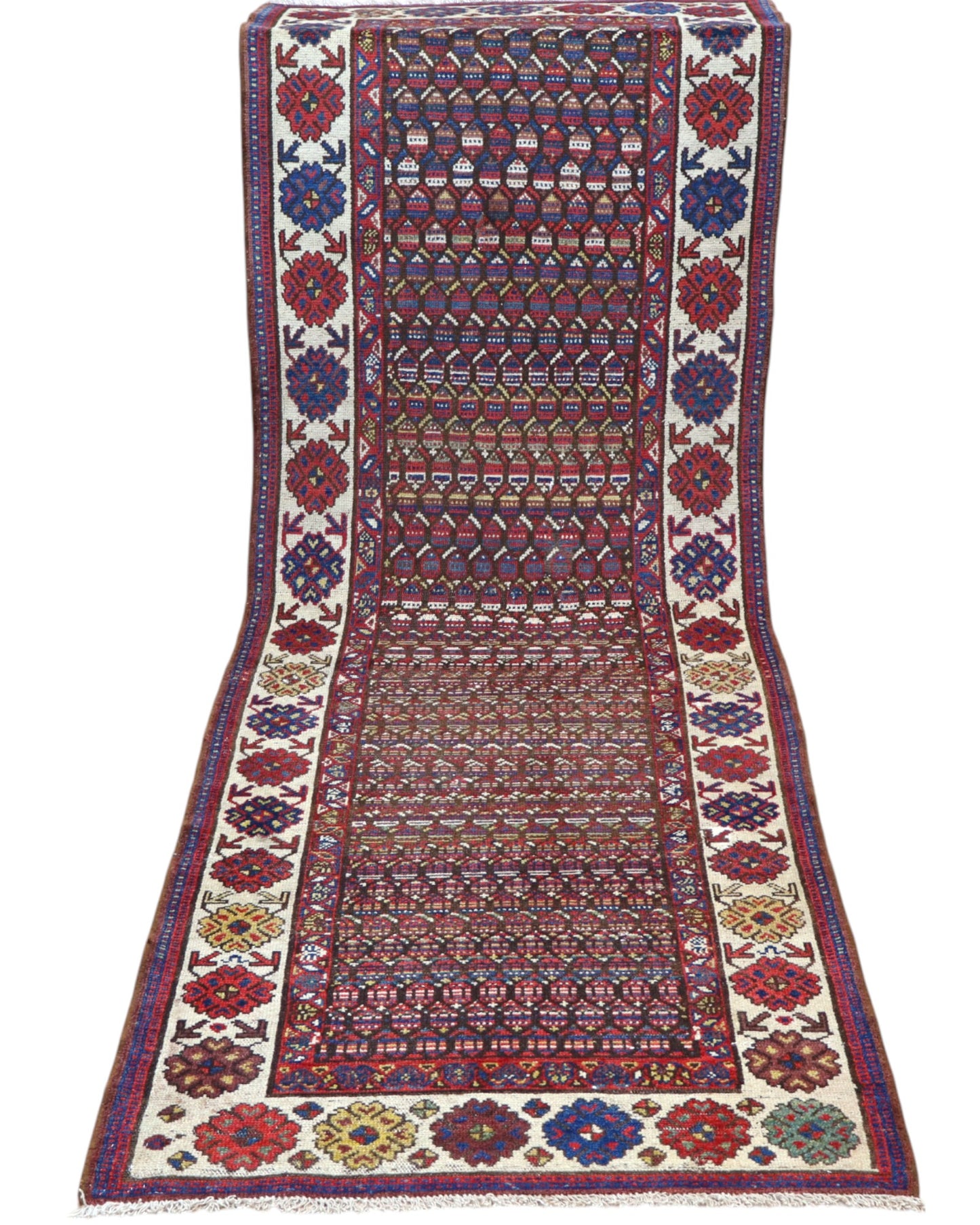 Passatoia Antico Bakhtiyari persiana, marrone e beige, annodato a mano, 267x90 cm.