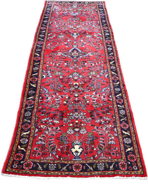 Passatoia Lilian persiana, rosso antico e blu, annodato a mano, 299x89 cm.