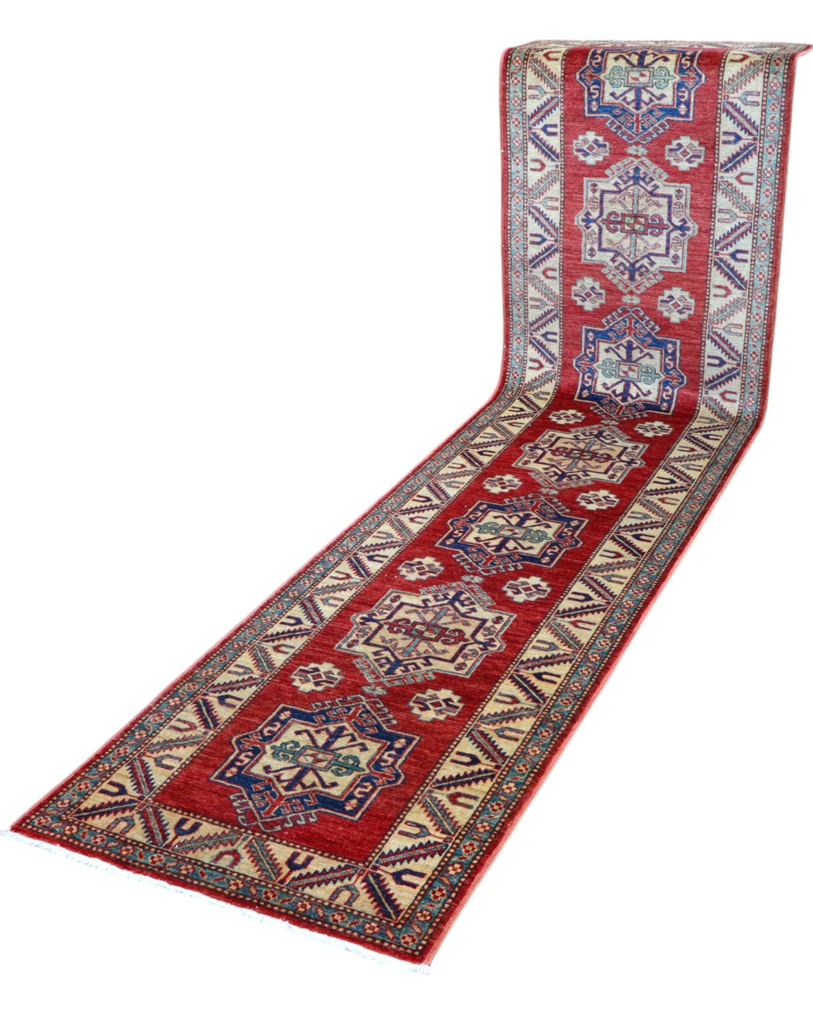 Passatoia Kazak afgana, rosso melograno, annodato a mano, 317x80 cm.