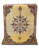 Tappeto Qum in pura seta 163x96 cm, annodato a mano in Persia, fondo oro con motivi decorativi armoniosi, seta tinta vegetale, certificato incluso.