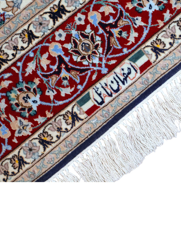 Tappeto Esfahan persiano 162x108 cm, annodato a mano, fondo blu notte con motivi decorativi, vello lana/seta con base in seta, colori vegetali, certificato di autenticità.