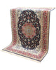 Tappeto Esfahan persiano 162x108 cm, annodato a mano, fondo blu notte con motivi decorativi, vello lana/seta con base in seta, colori vegetali, certificato di autenticità.