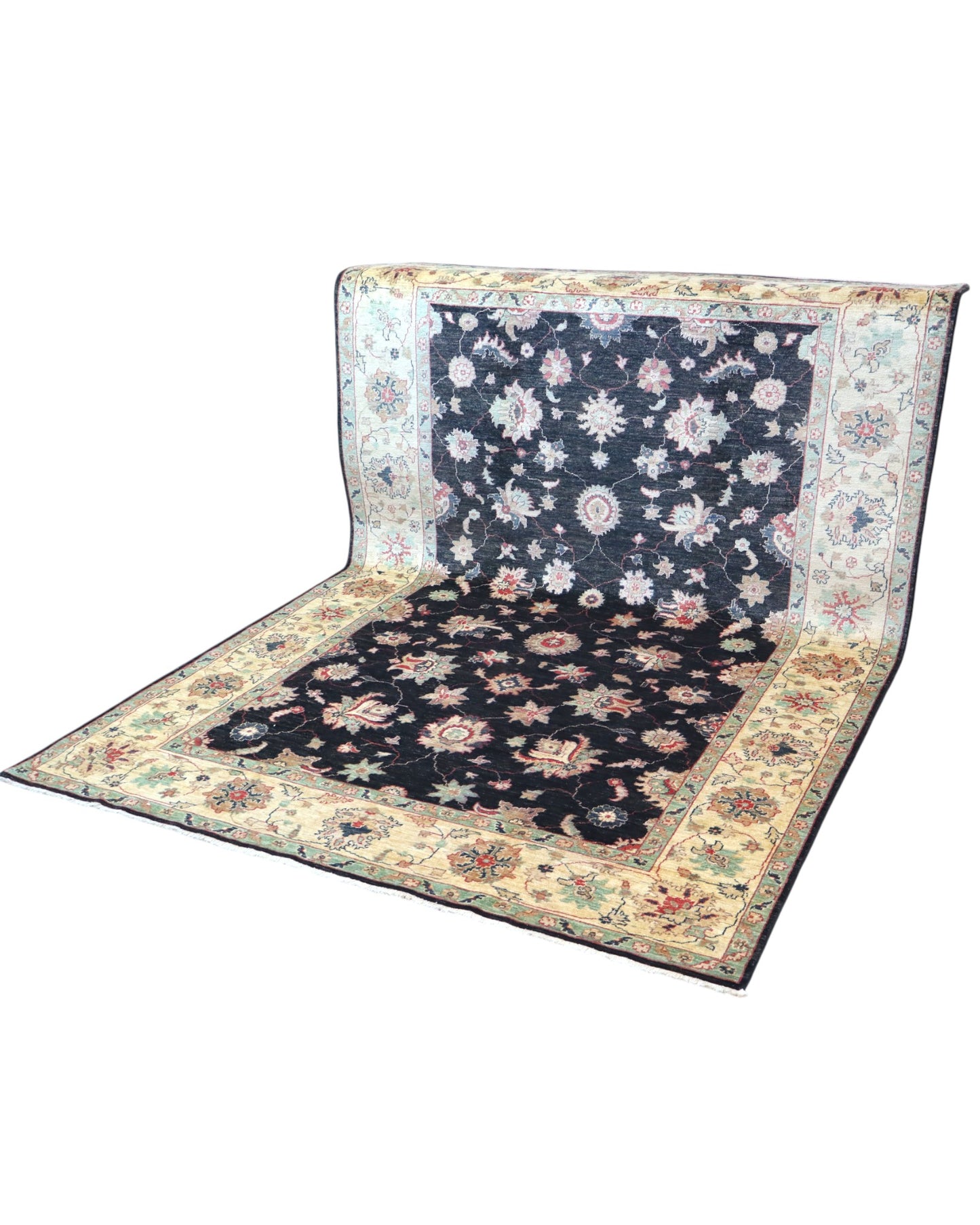 Tappeto Ziegler afgano, fondo nero con cornice beige e disegno decorativo, annodato a mano, 262x180 cm.