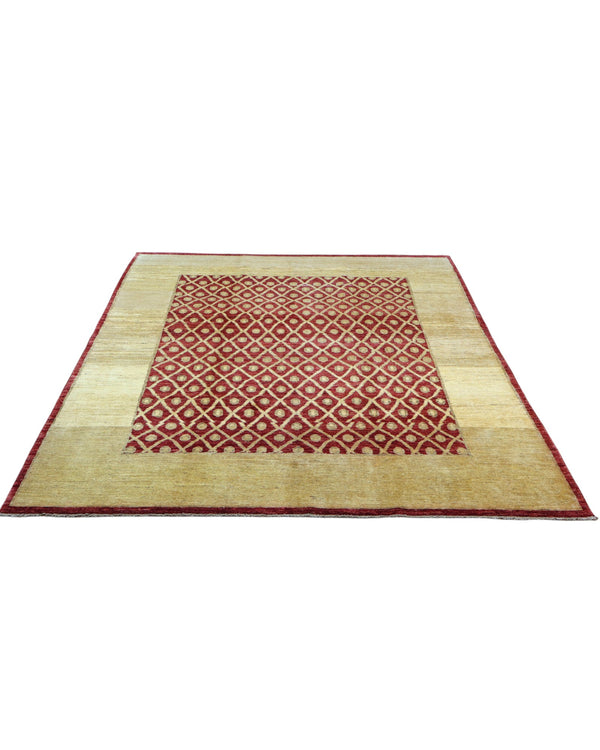 Tappeto moderno afgano, annodato a mano, 240x190 cm, fondo rosso melograno con disegno decorativo.