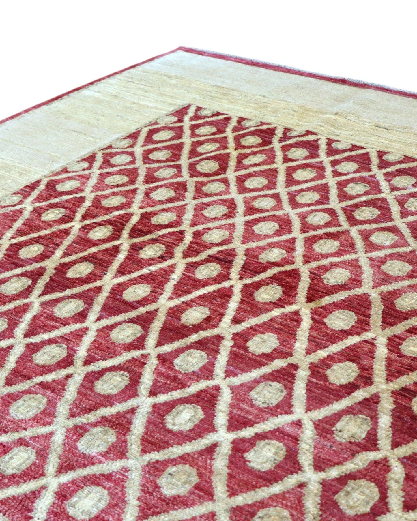 Tappeto moderno afgano, annodato a mano, 240x190 cm, fondo rosso melograno con disegno decorativo.