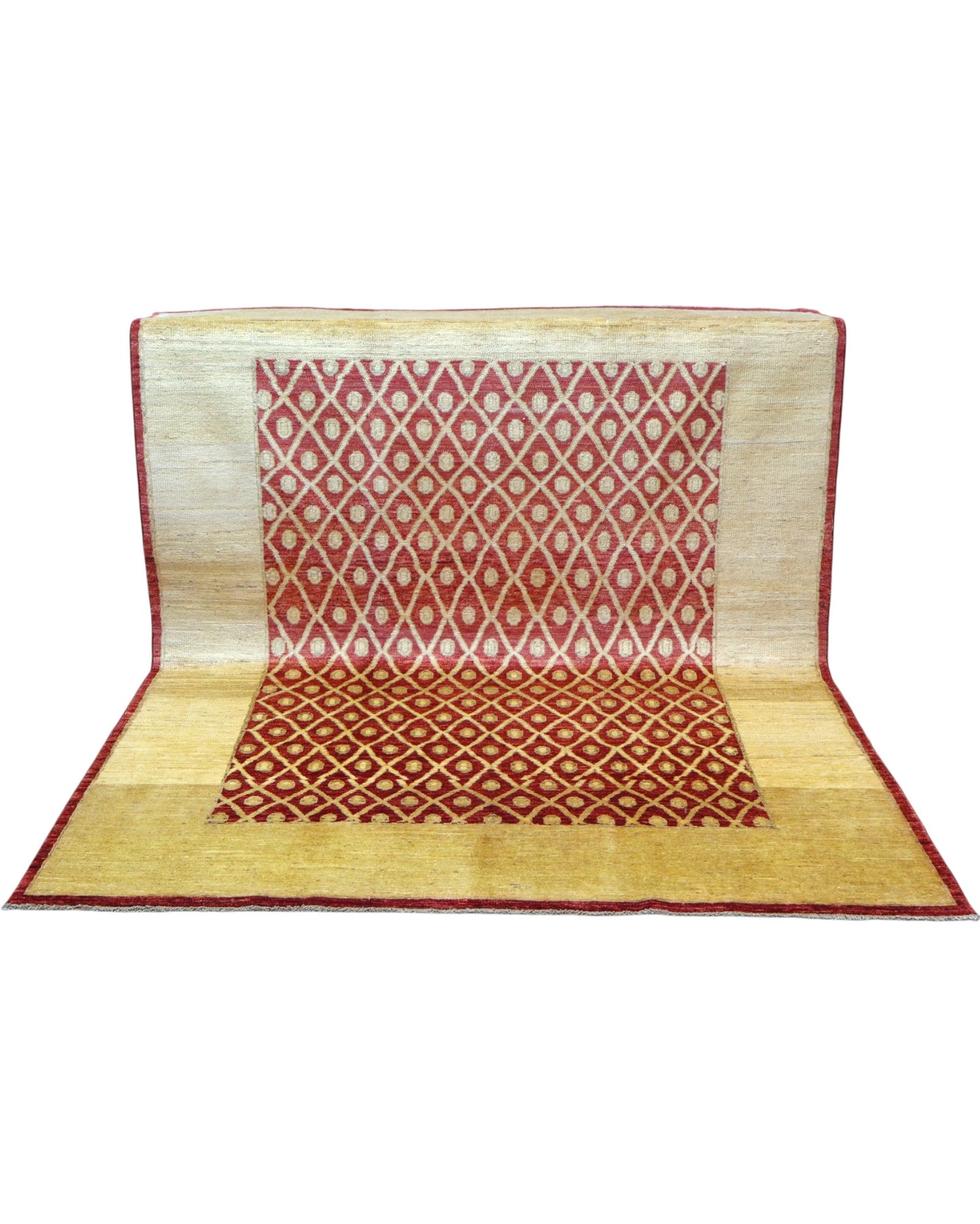 Tappeto moderno afgano, annodato a mano, 240x190 cm, fondo rosso melograno con disegno decorativo.