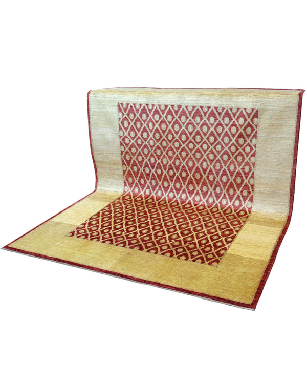 Tappeto moderno afgano, annodato a mano, 240x190 cm, fondo rosso melograno con disegno decorativo.