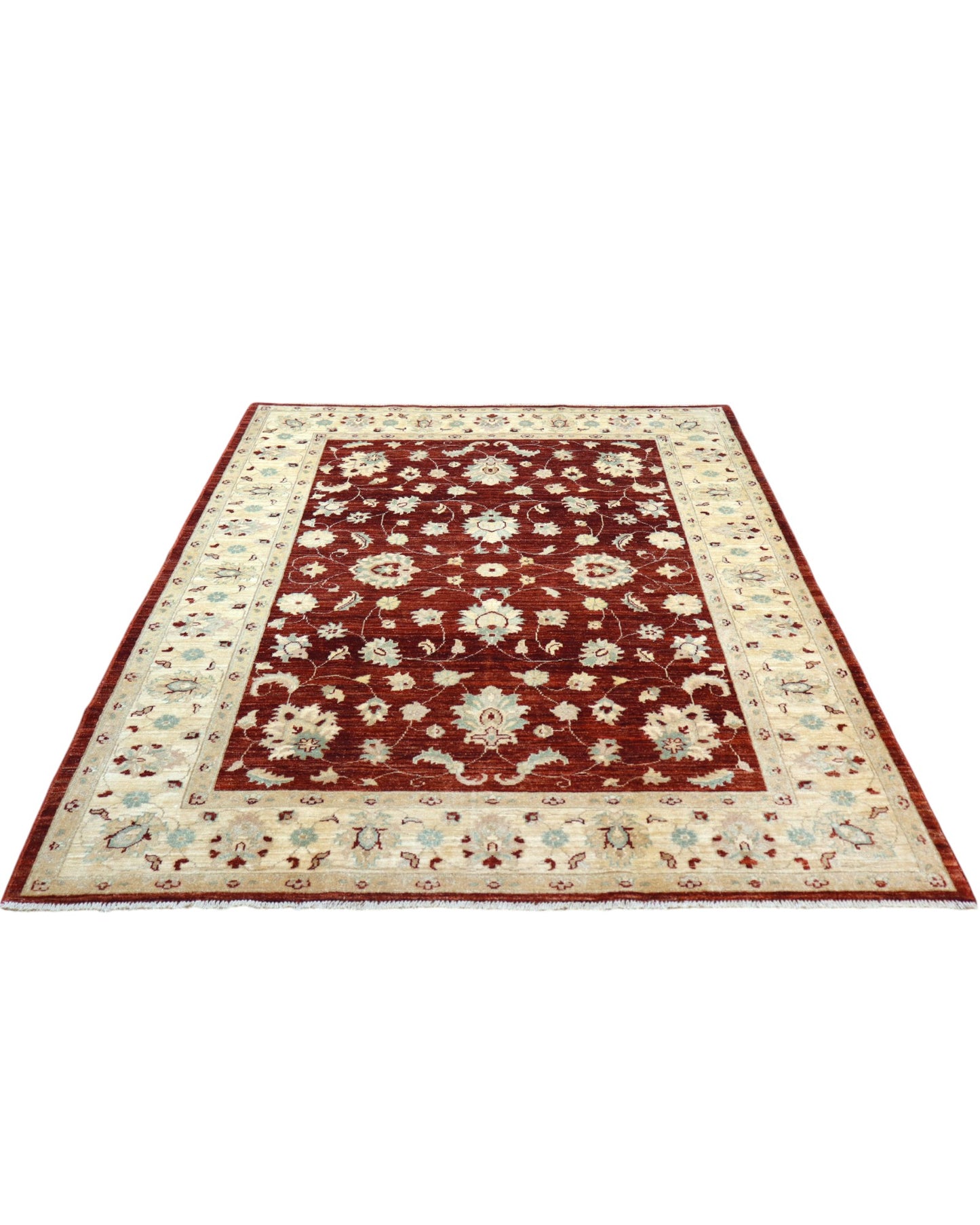 Tappeto Ziegler 240x170 cm, annodato a mano in Afghanistan, fondo rosso melograno con disegno contemporaneo e cornice beige, lana pregiata e cotone resistente, certificato di autenticità incluso.