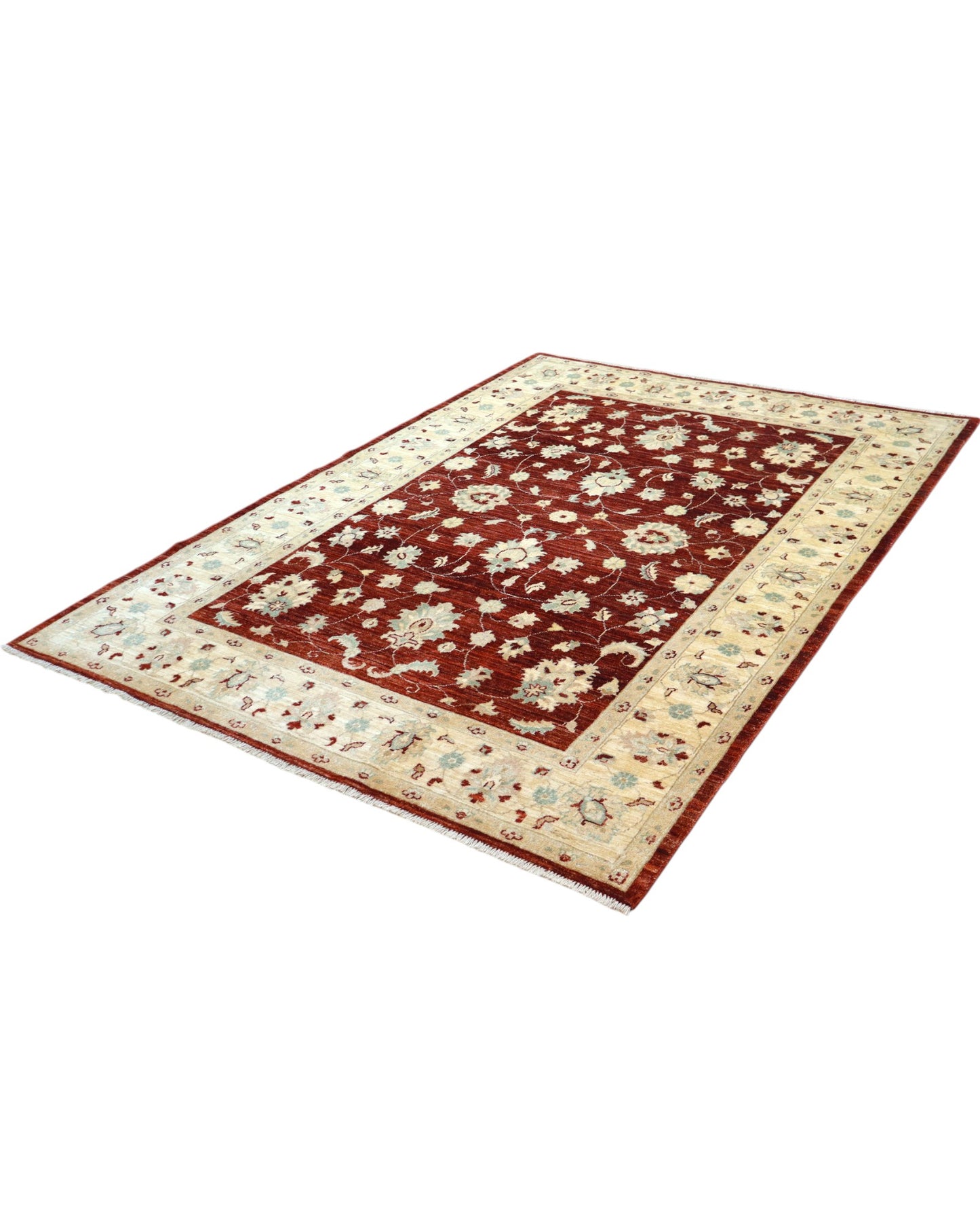 Tappeto Ziegler 240x170 cm, annodato a mano in Afghanistan, fondo rosso melograno con disegno contemporaneo e cornice beige, lana pregiata e cotone resistente, certificato di autenticità incluso.