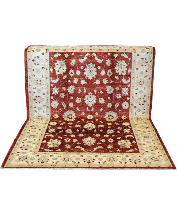 Tappeto Ziegler 240x170 cm, annodato a mano in Afghanistan, fondo rosso melograno con disegno contemporaneo e cornice beige, lana pregiata e cotone resistente, certificato di autenticità incluso.