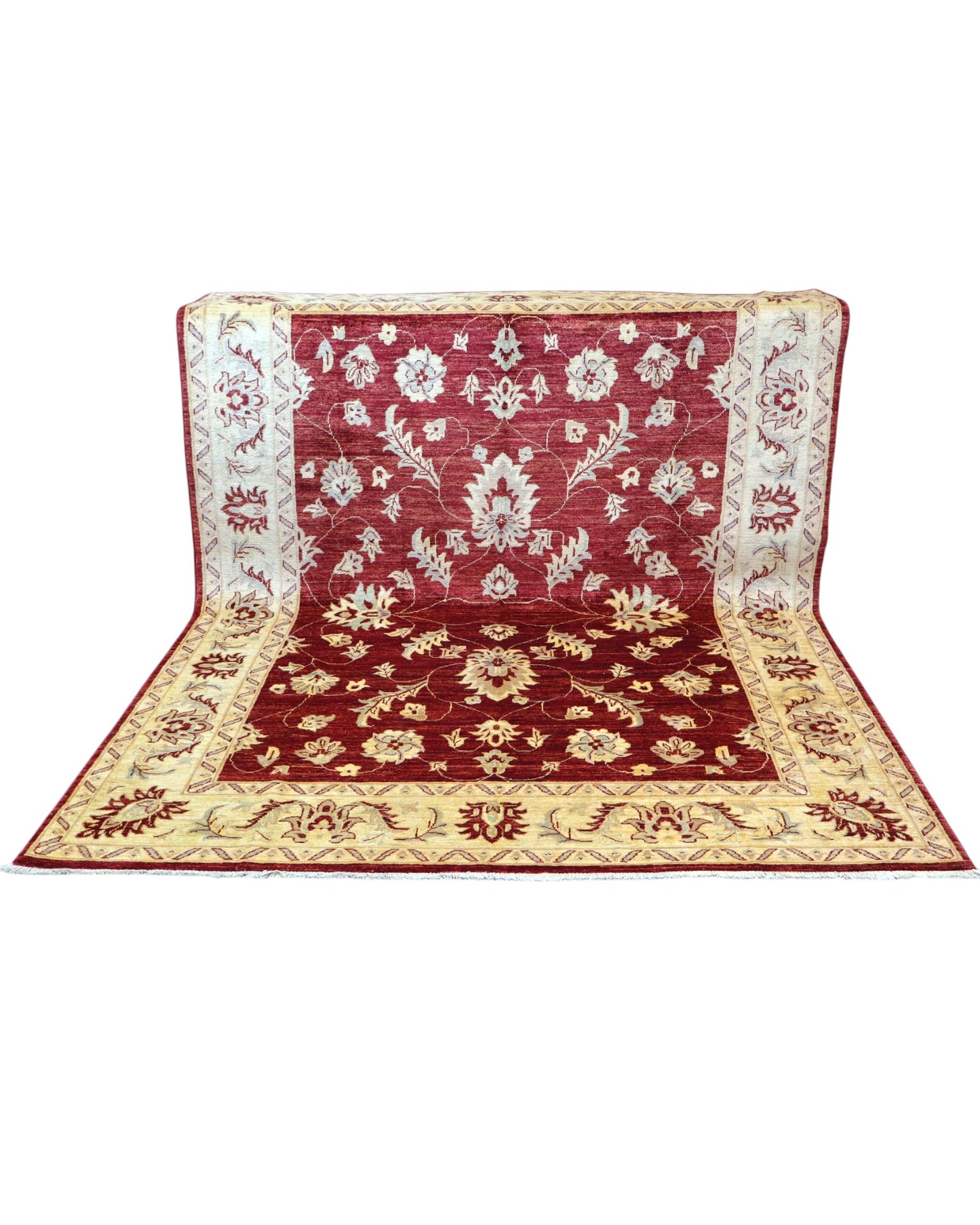 Tappeto Ziegler afgano, fondo rosso melograno con cornice beige e disegno decorativo, annodato a mano, 263x198 cm.