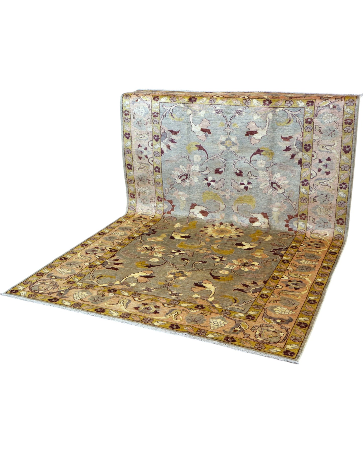 Tappeto Ziegler afgano, fondo grigio chiaro con motivi decorativi contemporanei, annodato a mano, 250x172 cm.