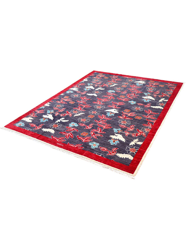 Tappeto moderno 233x180 cm Persia con fondo antracite, bordura rossa e motivi floreali stilizzati in rosso, avorio e azzurro, lana annodata a mano.