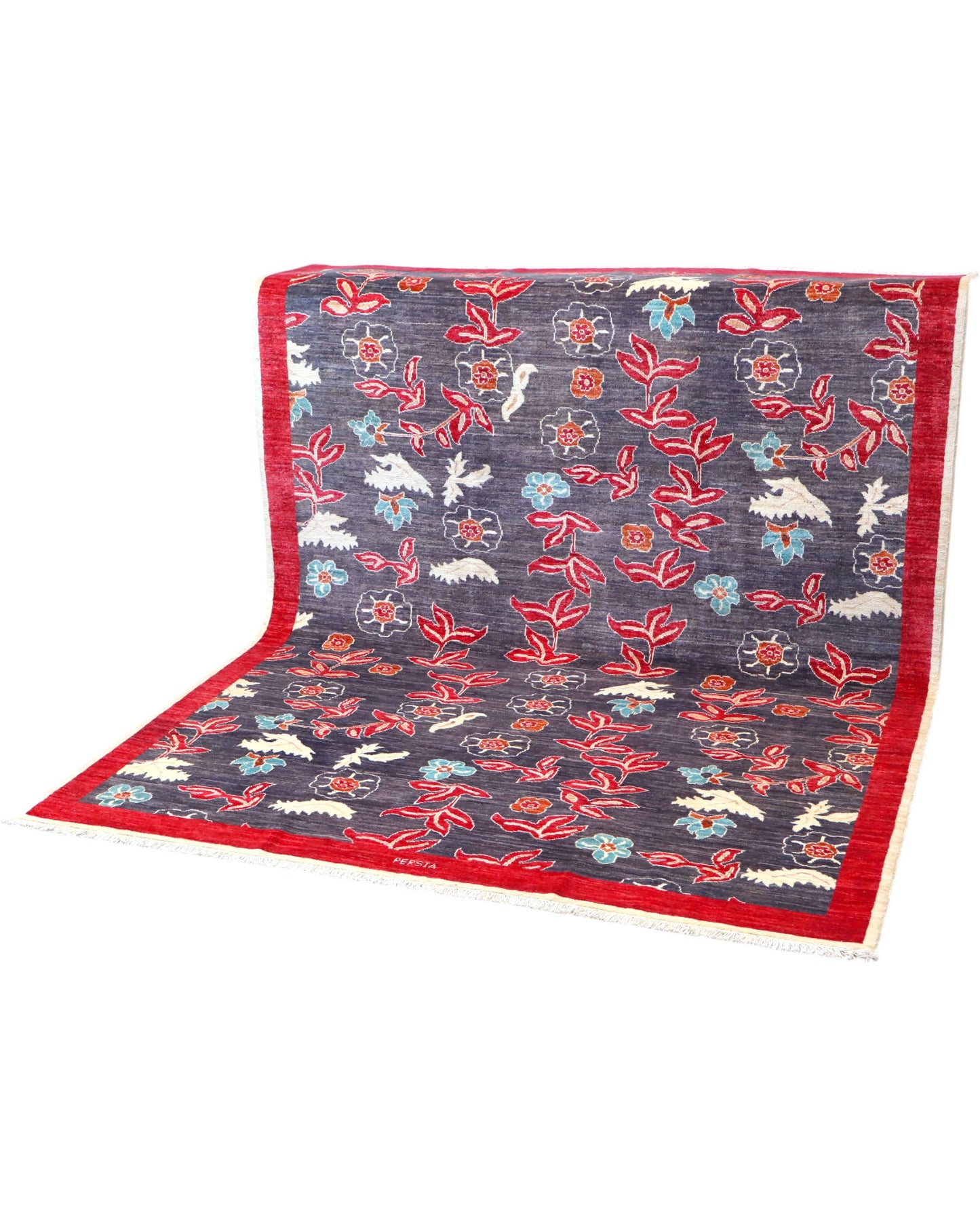 Tappeto moderno 233x180 cm Persia con fondo antracite, bordura rossa e motivi floreali stilizzati in rosso, avorio e azzurro, lana annodata a mano.