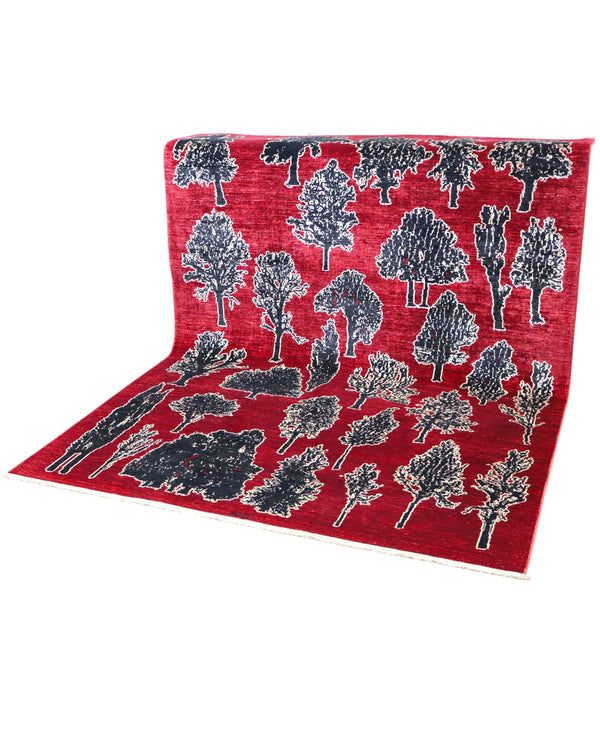 Tappeto moderno 238x178 cm Persia con alberi stilizzati neri e avorio su fondo rosso intenso. Annodato a mano in lana naturale.