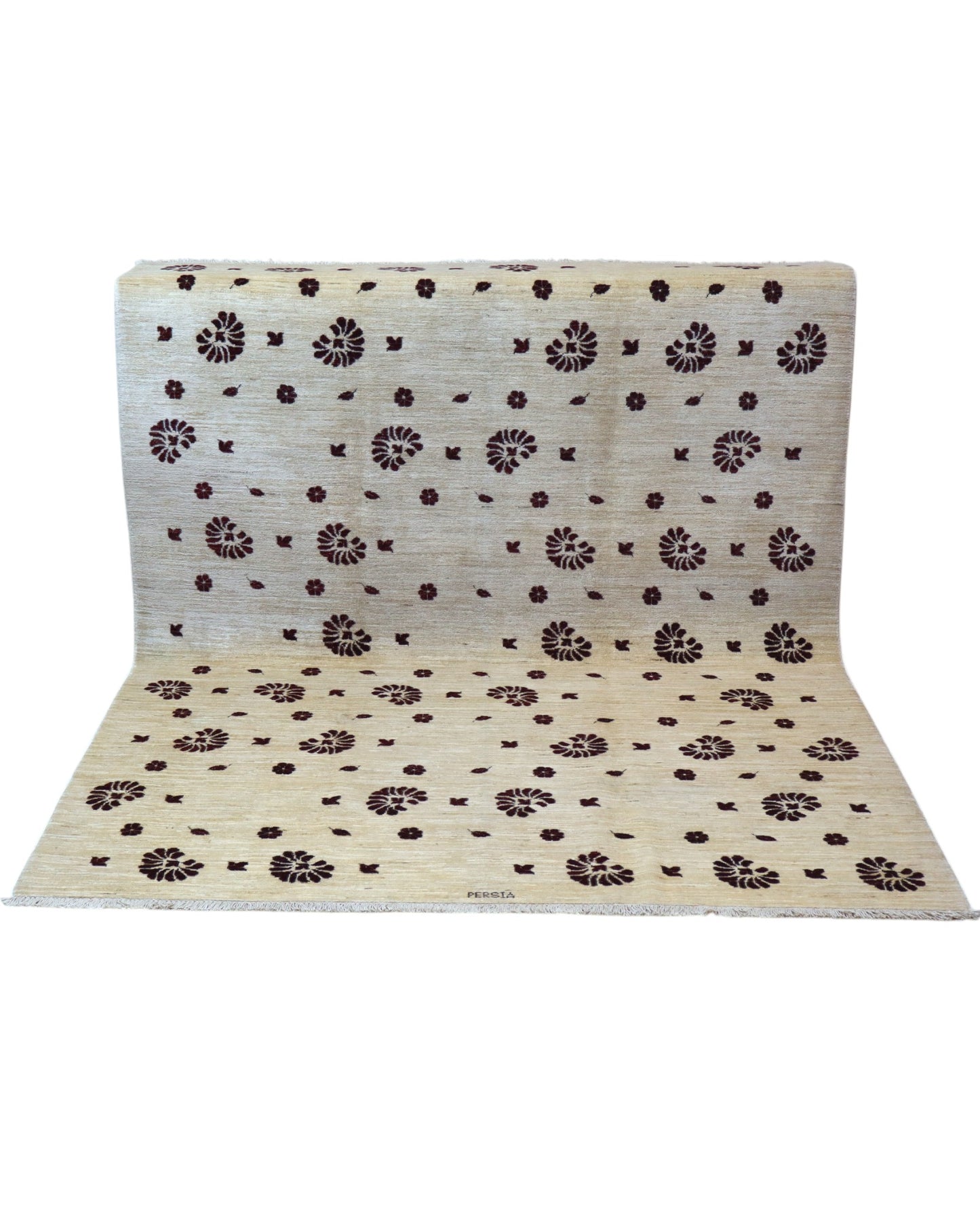 Tappeto moderno 228x178 cm con fondo beige e motivi floreali marrone scuro, annodato a mano in lana e cotone, provenienza Persia.