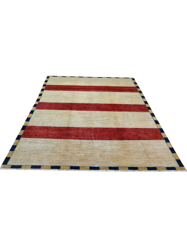 Tappeto moderno 262x181 cm Persia con fasce orizzontali rosso, avorio e beige, annodato a mano in lana e cotone.