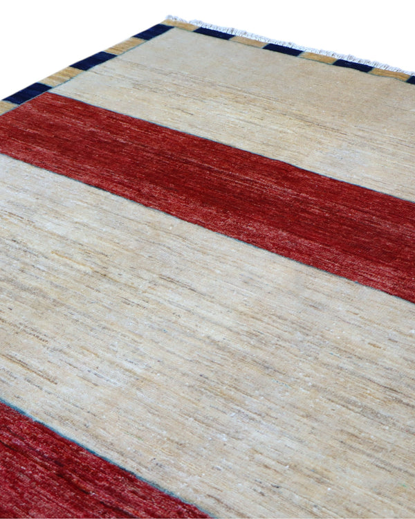 Tappeto moderno 262x181 cm Persia con fasce orizzontali rosso, avorio e beige, annodato a mano in lana e cotone.