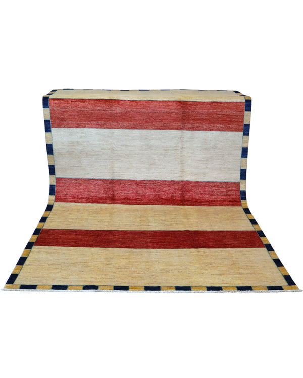 Tappeto moderno 262x181 cm Persia con fasce orizzontali rosso, avorio e beige, annodato a mano in lana e cotone.
