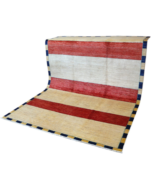 Tappeto moderno 262x181 cm Persia con fasce orizzontali rosso, avorio e beige, annodato a mano in lana e cotone.