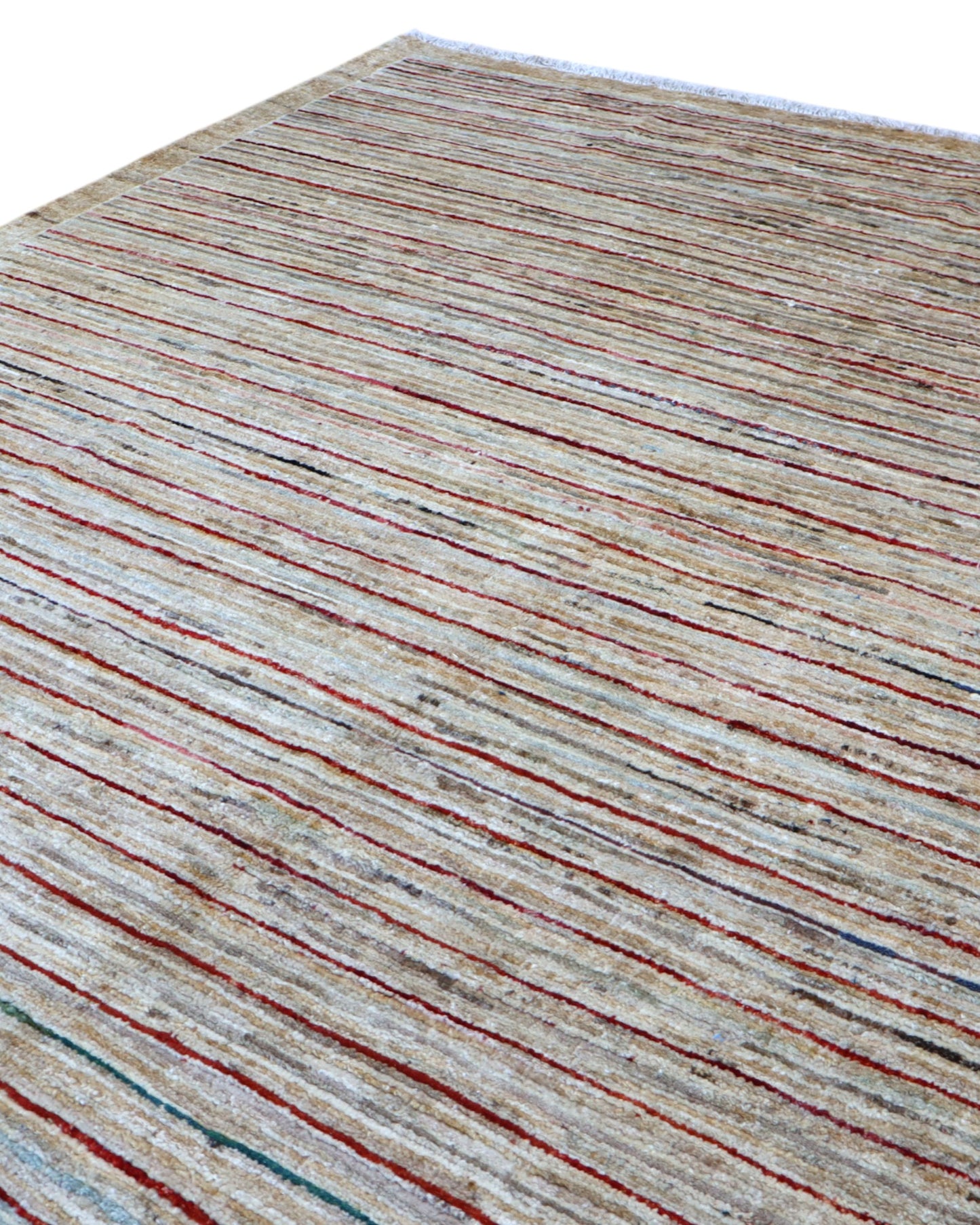 Tappeto moderno 240x204 cm Persia con fondo chiaro e linee sottili multicolore, annodato a mano in lana e cotone.