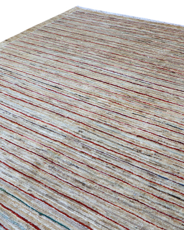 Tappeto moderno 240x204 cm Persia con fondo chiaro e linee sottili multicolore, annodato a mano in lana e cotone.