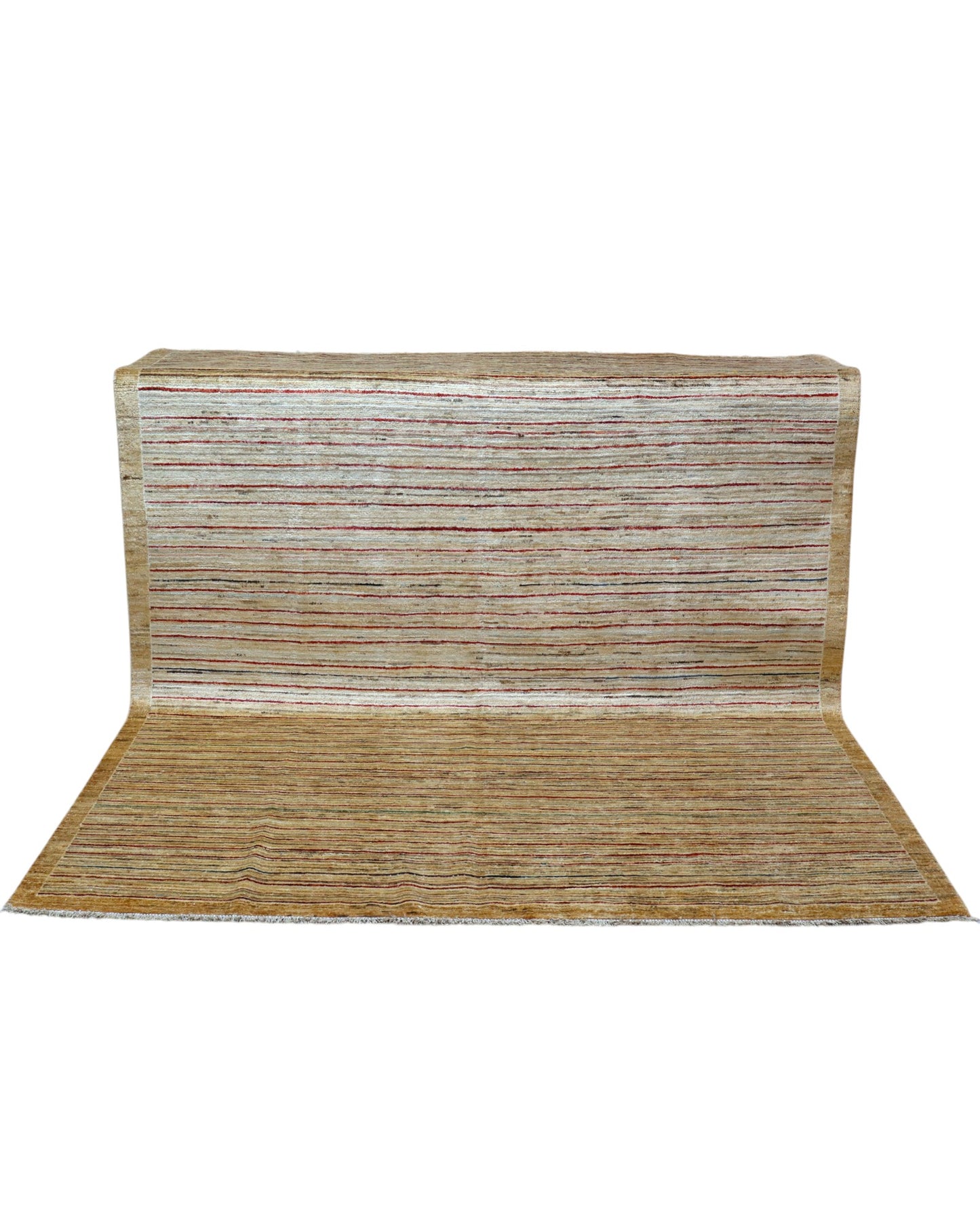 Tappeto moderno 240x204 cm Persia con fondo chiaro e linee sottili multicolore, annodato a mano in lana e cotone.