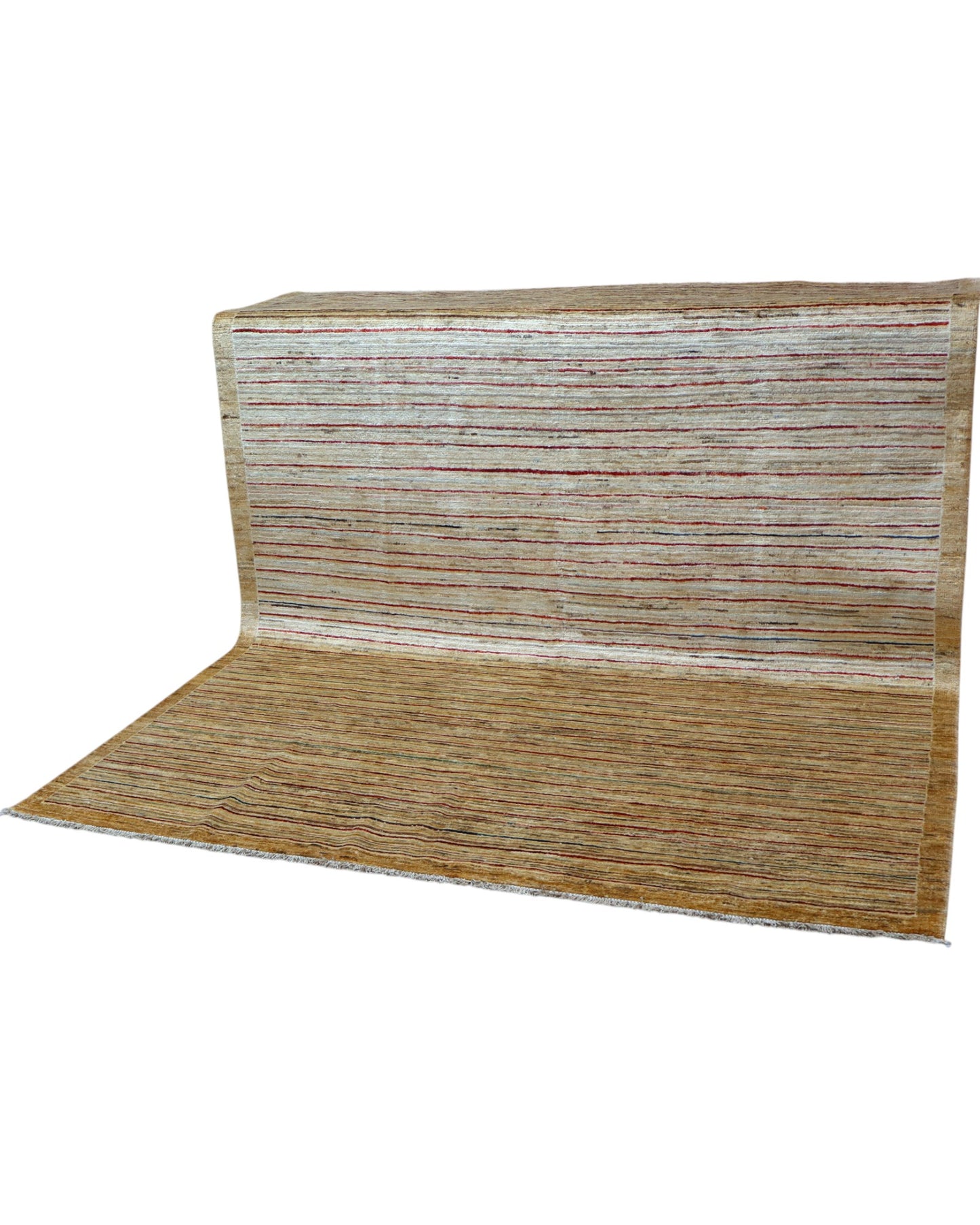 Tappeto moderno 240x204 cm Persia con fondo chiaro e linee sottili multicolore, annodato a mano in lana e cotone.